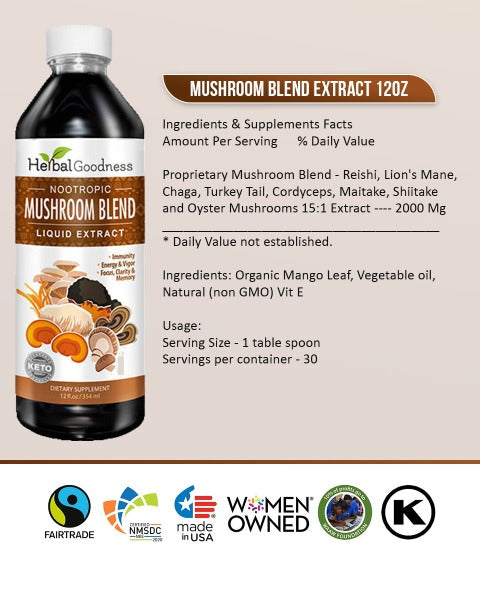 Mushroom Blend Extract Brain Boost - Organic 12 oz - Nootropic Health, Joint & Immunity - Herbal Goodness Liquid Extract Herbal Goodness 